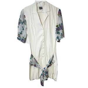 Knapp Studio 3/4 Sleeve Floral Tunic Mini Dress Womens M White Tie Belt USA